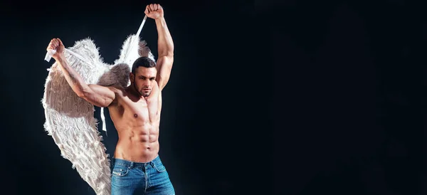 Valentines Day Banner Muscle Strong Beautiful Stripped Male Angel Handsome — Stockfoto