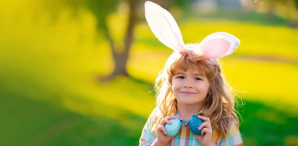 Bunny Child Boy Face Child Boy Hunting Easter Eggs Laying — Foto de Stock