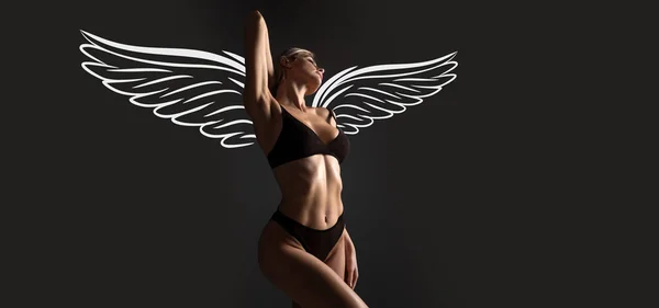 Sensual Woman Angel Wings Valentines Day Panoramic Photo Banner Lingerie — Stock Photo, Image