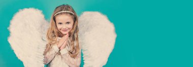 Valentines day banner with angel child. Angels little hands crossed for you. Mischievous little angel girl standing with your clenched fists