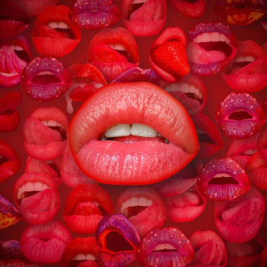 Artwork with sensual lips. Abstract sexy lip on red. Lips and mouth. Female lip in red background. Woman lips