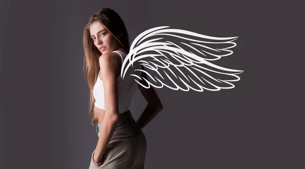 Valentines Day Banner Sexy Woman Angel Wings Beauty Woman Face — стоковое фото
