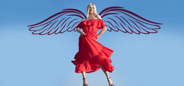Angel woman with wings. Valentines day banner for website header design. Woman in red dress movement on sky. Beautiful young woman in fashion dress outdoor. Sexy and sensual female model