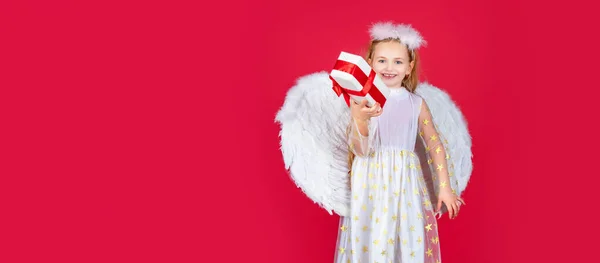 Valentines Day Banner Angel Child Angel Children Girl White Wings — Stock Photo, Image