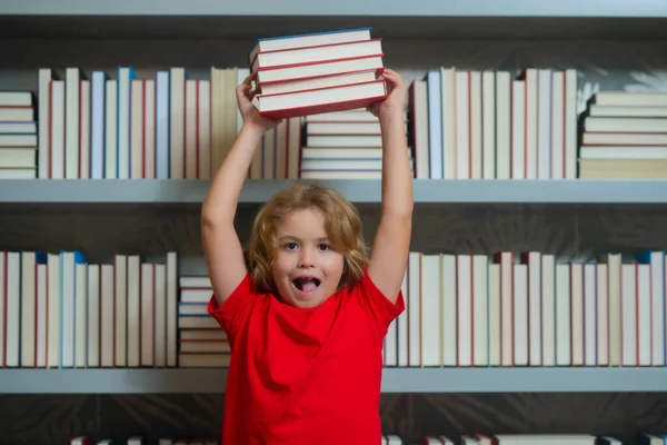 Amazed School Kid Hold Stack Books Excited Amazed School Boy —  Fotos de Stock