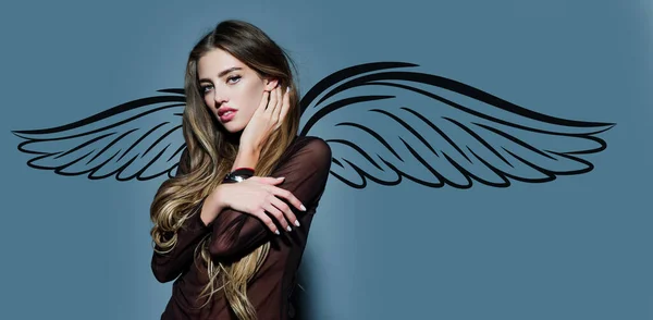 Sexy Model Angel Wings Valentines Day Banner Sexy Woman Fashionable — Foto de Stock