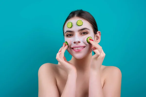 Facial Mask Cucumber Skin Care Woman Applying Face Cream Isolated — ストック写真