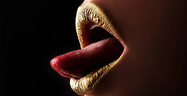 Tongue out. Luxury glamour art mouth. Sexy tongue. Beauty mouth