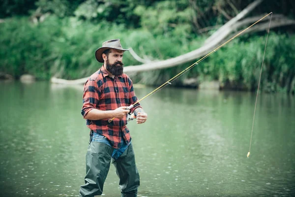 Young Bearded Man Fishing Lake River Flyfishing — Stock Photo, Image
