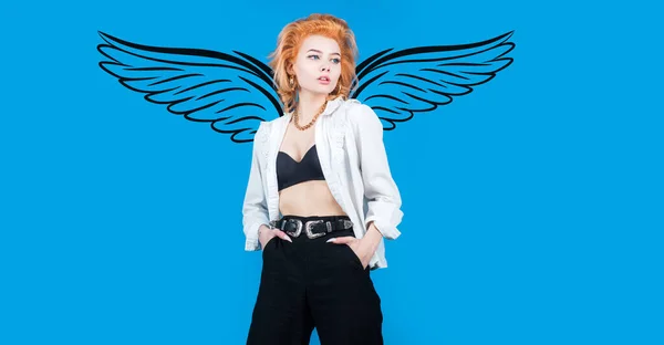 Valentines Day Banner Sexy Woman Angel Wings High Fashion Model — Zdjęcie stockowe
