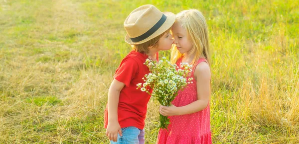 Sweet Childhood Little Kids Love Kissing Kids Having Fun Field — Stockfoto