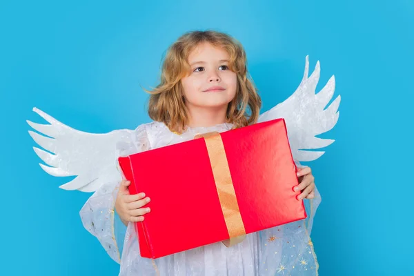 Enfant Garçon Ange Avec Cadeau Boîte Cadeau Ange Saint Valentin — Photo
