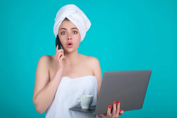 Business Woman Towel Head Cup Coffee Working Laptop Chatting Phone — Stockfoto