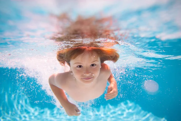Young Boy Swim Dive Underwater Water Portrait Swim Pool Child — Stock Photo, Image
