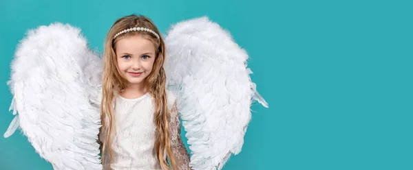 Angel Child Banner Isolated Studio Background Cute Child Girl White — Stockfoto