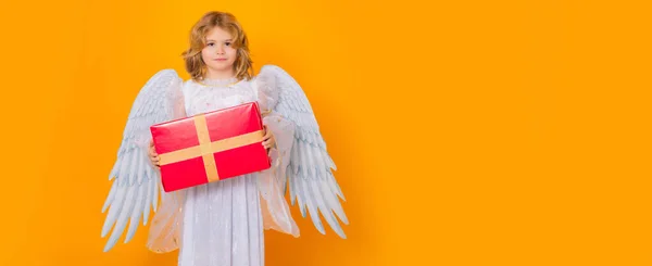 Angel Child Hold Gift Present Cute Angel Child Studio Portrait — Photo