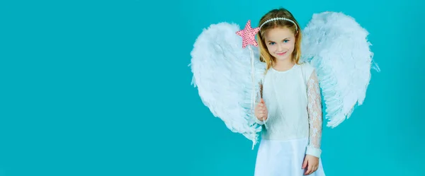 Valentines Day Banner Angel Child Pretty Little Angel Girl Valentines — Stok fotoğraf