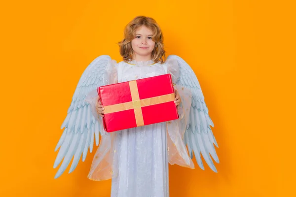 Angel Child Hold Gift Present Valentines Day Kid Angel Wings — Stock Photo, Image