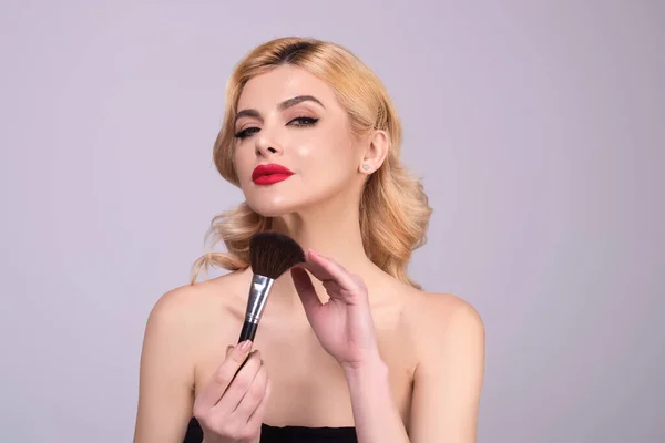 Beautiful Young Woman Applying Makeup Studio Background Pretty Girl Holding — Stockfoto