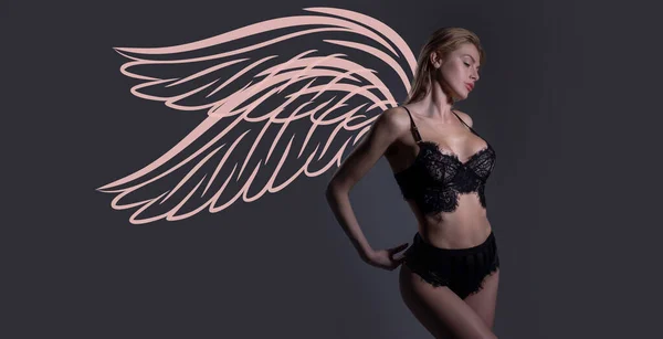 Sexy Model Angel Wings Valentines Day Banner Woman Beauty Face — Foto de Stock