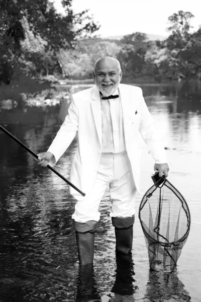 Portrait Cheerful Bearded Man Fishing Catching Fishing Fisher Masculine Hobby — Stock Photo, Image