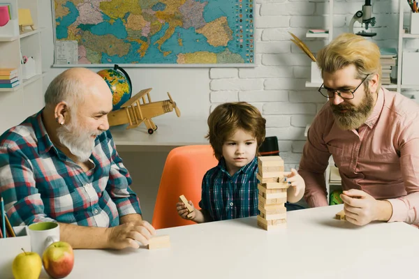 Happy man family concept laugh and have fun together. Generation of people and stages of growing up. Little boy enjoy time with elderly grandfather and young father