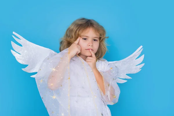 Kid Wearing Angel Costume White Dress Feather Wings Innocent Child — Stock Photo, Image
