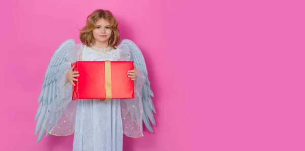 Banner Cute Kid Angel Gift Box Present Valentines Day Little — Foto de Stock