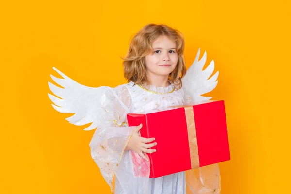 Jolie Blonde Enfant Ange Avec Cadeau Boîte Cadeau Enfant Ange — Photo