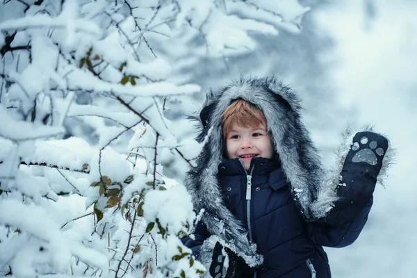 Kind Spielt Auf Dem Verschneiten Feld Winterwald Frohe Winterzeit Winterliche — Stockfoto