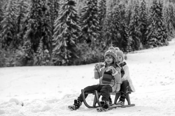 Happy Children Snow Two Kids Ride Wooden Retro Sled Winter — Stock Photo, Image