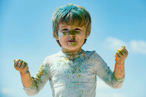 Kids Holi Festival Colors Painted Face Smiling Kid Little Boy — Stock Photo, Image