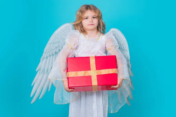 Enfant Ange Mignon Avec Cadeau Boîte Cadeau Saint Valentin Enfant — Photo