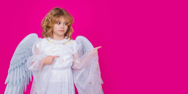 Child Angel Pointing Finger Point Gesture Christmas Kids Little Cupid — Stock Photo, Image