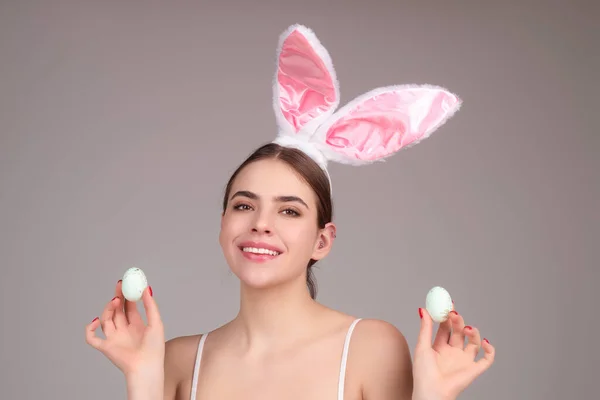 Close Photo Pretty Girl Wear Easter Fluffy Bunny Ears Hold — Stock fotografie