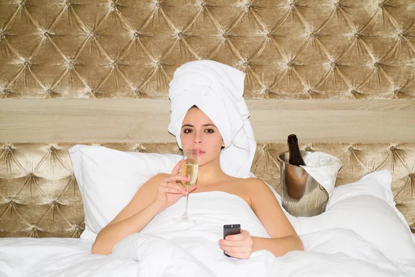 Portrait Young Rich Sensual Beautiful Woman Watching Drink Champagne Bed — Stockfoto