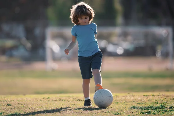 Boy Football Player Kicking Football Sports Field Active Kids Child — Stock Photo, Image
