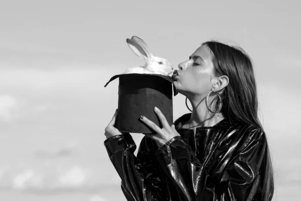 Easter Woman Magician Rabbit Stylish Clothing Alice Wonderland Plush Bunny — Stock Photo, Image