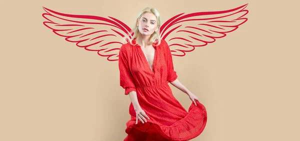 Sensual woman angel with wings. Valentines day panoramic photo banner. Woman dancer wearing red dance dress. Elegance girl fashion
