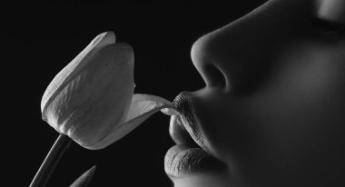 Female lips and spring flower. Sexy woman mouth and flowers. Oral sex, orgasm, blowjob, licking flower. Girl lips with tulips.