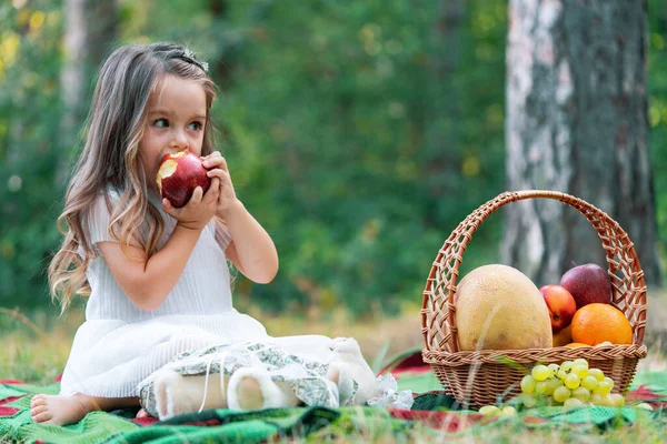Kid on autumn picnic eating apple. Little girl in autumn park