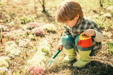 Tarlalarda mahsul ekme. Mutlu çocukluk kavramı. Çiftlik arazisindeki çocuk portresi. Mutlu küçük çiftçi bahar tarlasında eğleniyor