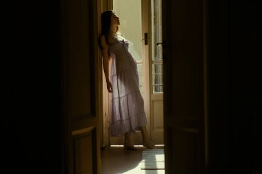 Balkonun yanında duran genç bir kadın. O mutlu dans eder. Kız gece kıyafeti giymiş. Tatil ve tatil. Seksi iç çamaşırlarıyla mükemmel bir kadın vücudu. Kadın modası.