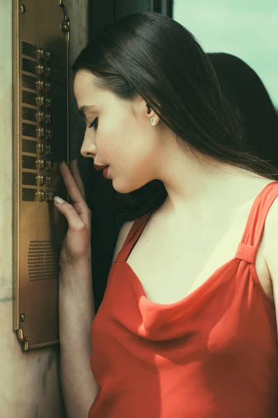 Sensual Model Girl Speak Intercom Interphone Beautiful Young Brunette Woman — Stock Photo, Image