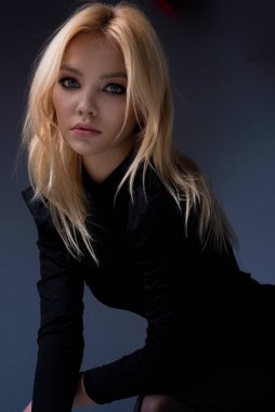 Seductive sexy lovely attractive young sensual woman with perfect slim body posing on studio background. Beautiful elegant sexy model, studio portrait. Sensual beautiful woman face