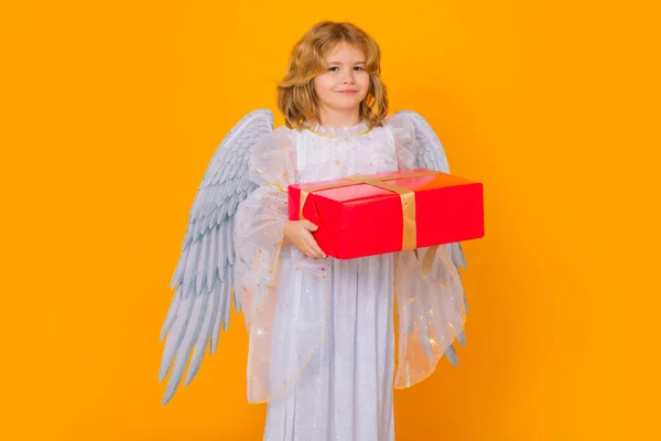 Angel with gift box present. Valentines day. Kid with angel wings. Studio portrait of angel child on studio color isolated background with copy space