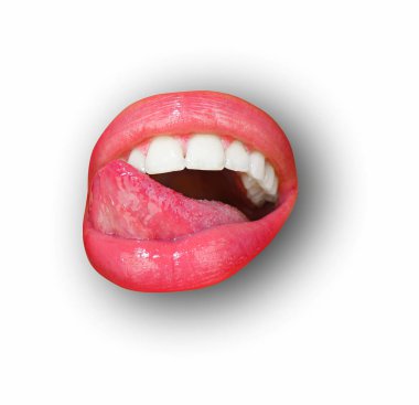 Sexy tongue licking sensual lips. Female lips on white isolated background, clipping path. Woman mouth with red lip, close up