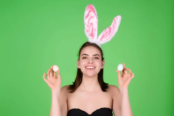 Easter Bunny Woman Beautiful Girl Bunny Ears Easter Eggs Color — Stock Photo, Image