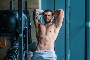 Handsome fit muscular caucasian man workout in the gym with weight pumping up muscles. Fitness and bodybuilding sport. Bodybuilder with dumbbells at gym, hard workout