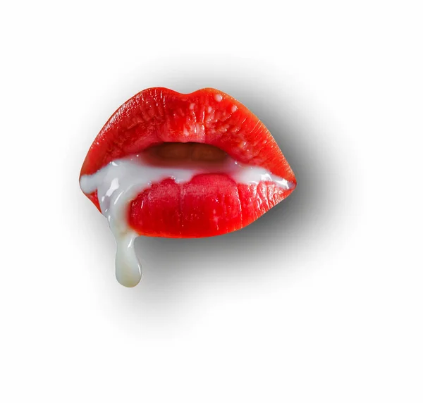 Mleko Kremowe Usta Kobiece Usta Białym Odizolowanym Tle Ścieżka Wycinania — Zdjęcie stockowe